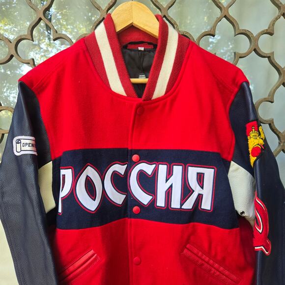 NWT Opening Ceremony Unisex Russia Varsity Jacket L Red Flag Patch Wool Leather - Picture 2 of 12
